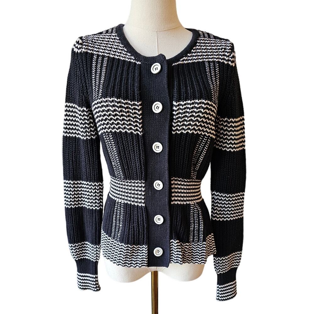 Harolds Women Black Stripe Cotton Button Front Fitted Cardigan Sweater Sz Small
